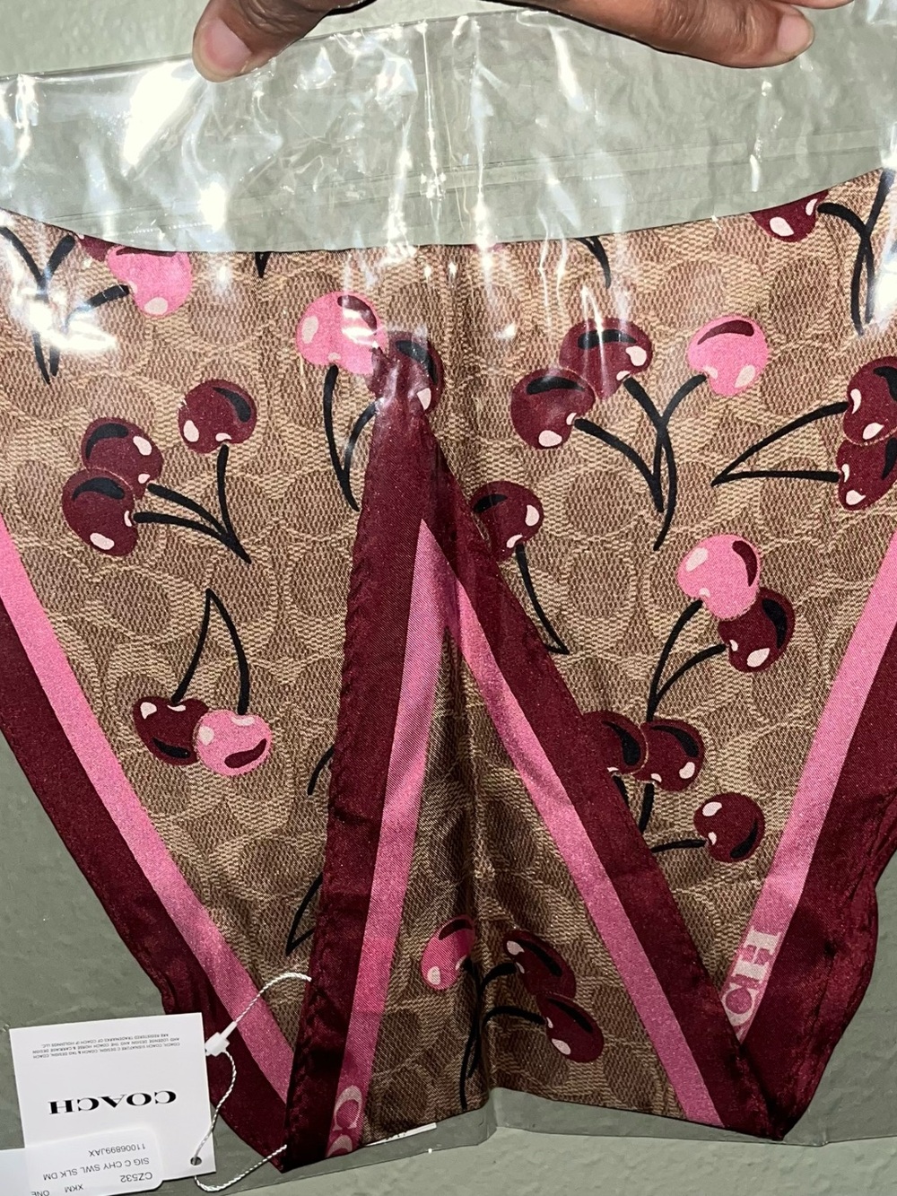 Coach Signature Cherry Swirl Print Silk Diamond Scarf
